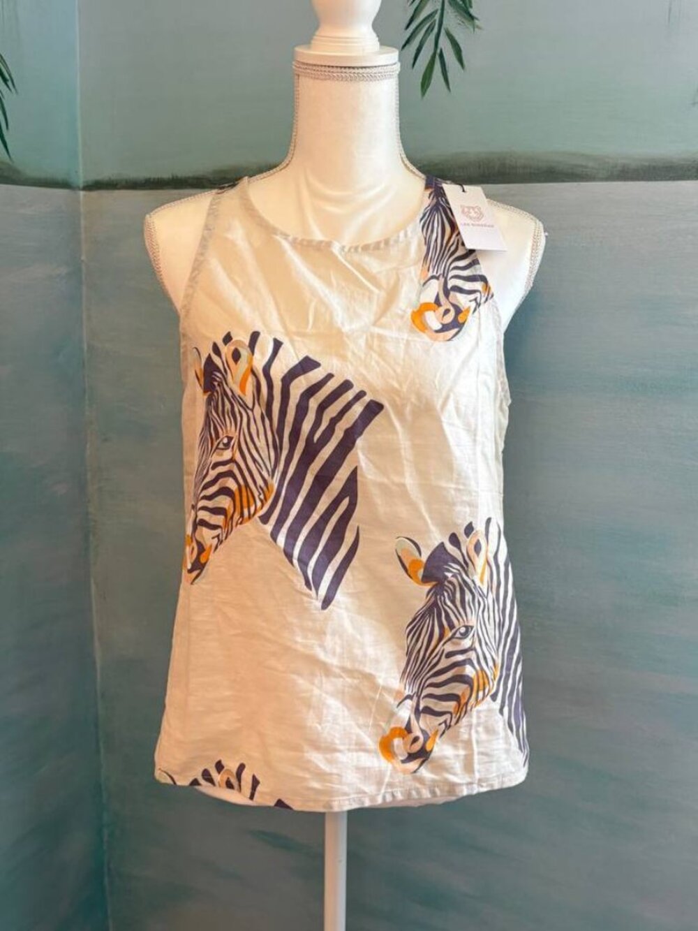 LAS SURENAS L Zebra print tank top linen cotton NWT